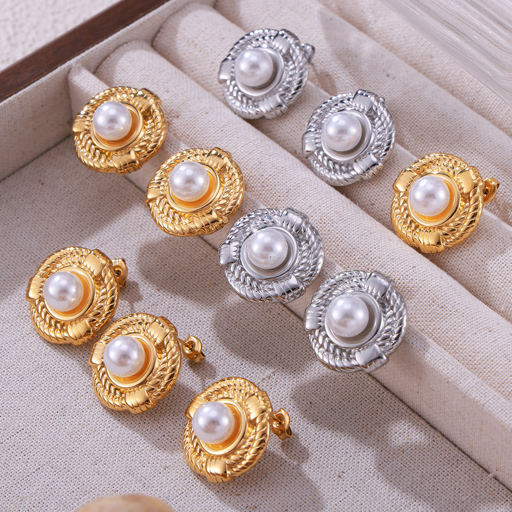 Stainless Steel Geometric Twist Design Inlay Imitation Pearl Stud Earrings