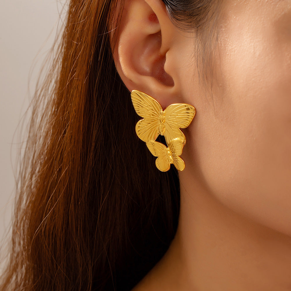Stainless Steel Double Butterfly Stitching Stud Earrings