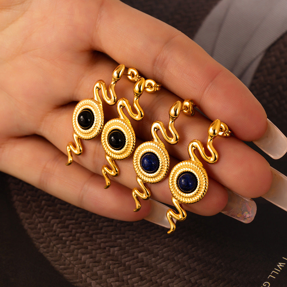 Stainless Steel Snake Inlay Natural Stone Stud Earrings
