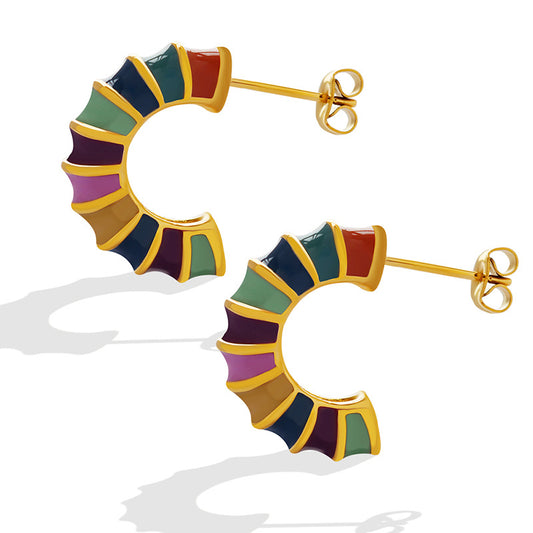 Rainbow Bamboo Drip Oil Stainless Steel Hoop Earrings
