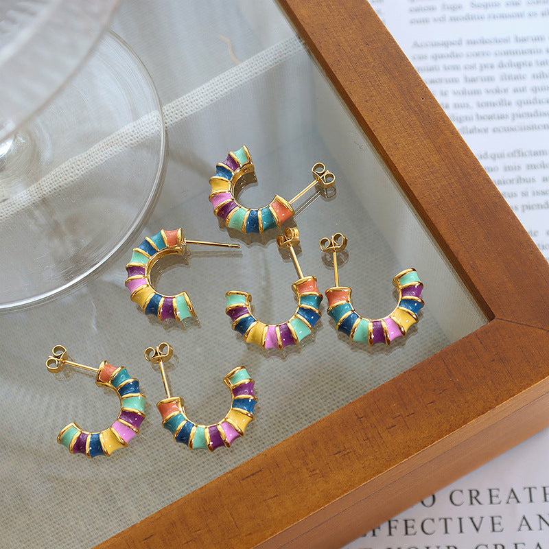 Rainbow Bamboo Drip Oil Stainless Steel Hoop Earrings