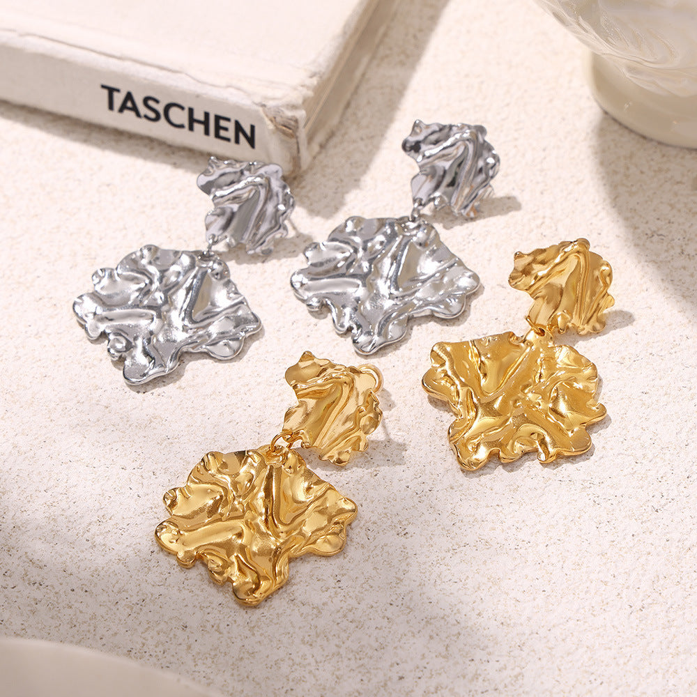 Stainless Steel Textured Leaf Drop Earrings