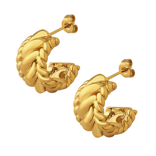Stainless Steel 18K Gold PVD Threaded Textured Hoop Earrings