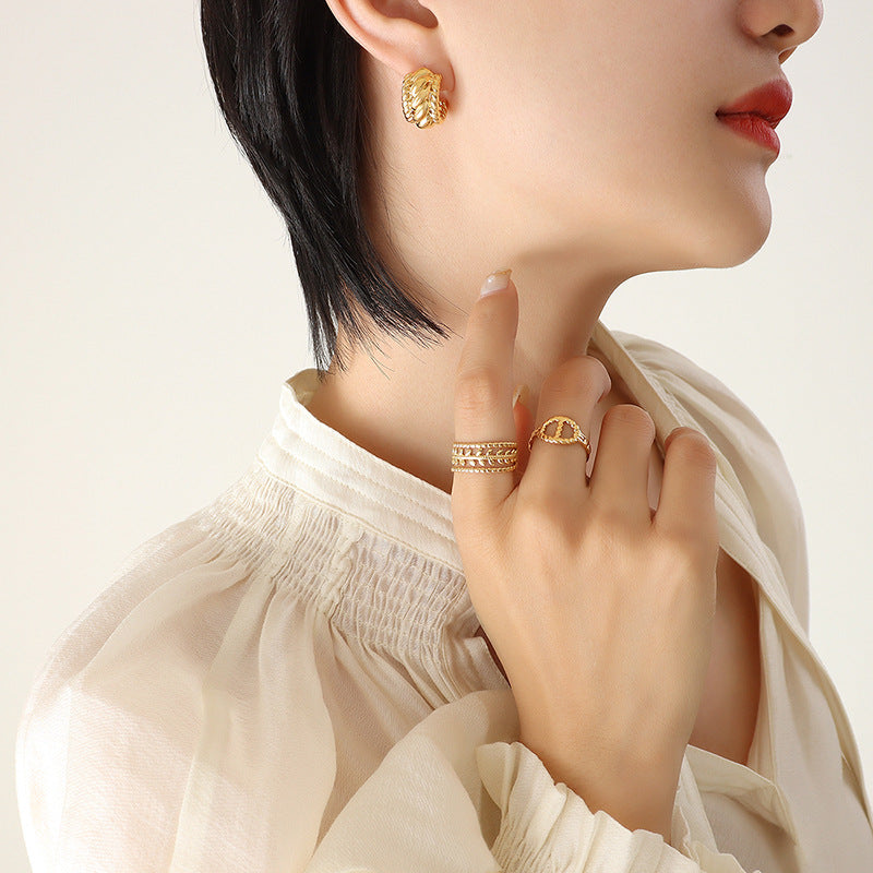 Stainless Steel 18K Gold PVD Threaded Textured Hoop Earrings