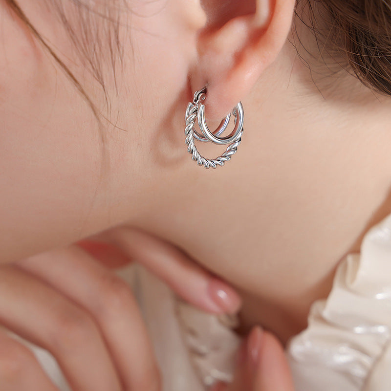 Stainless Steel Polished Twist Chain Hoop Earrings
