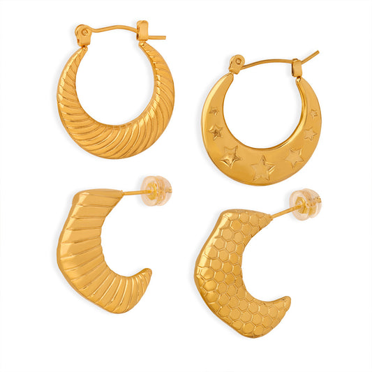 Stainless Steel Geometric Star Texture Hoop Earrings