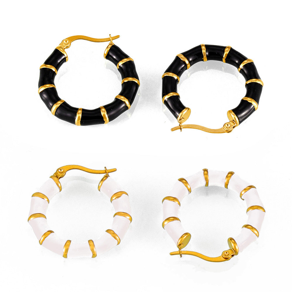 Stainless Steel Drip Oil Design Bamboo Splicing Hoop Earrings