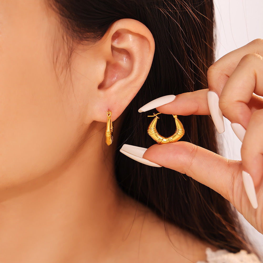 Stainless Steel Bamboo Textured Hoop Earrings