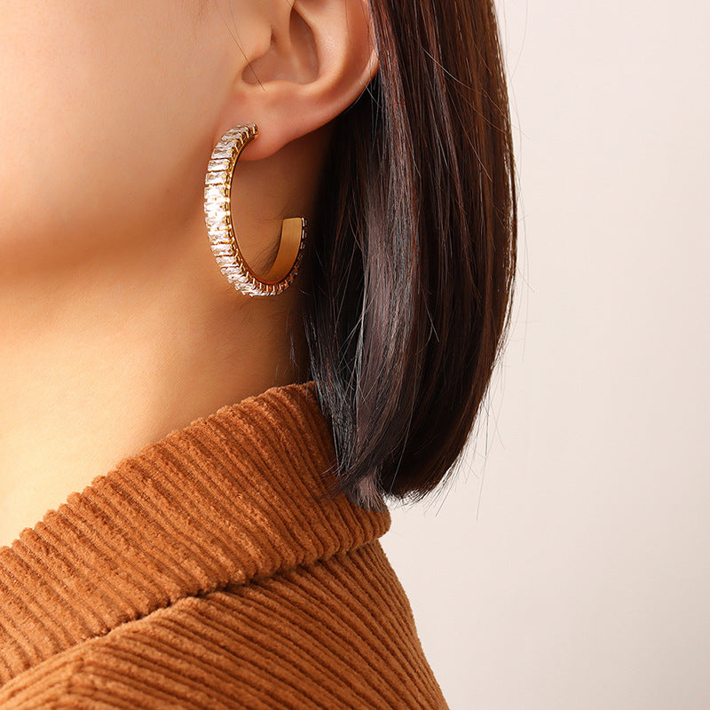Stainless Steel Square Cubic Zirconia Hoop Earrings
