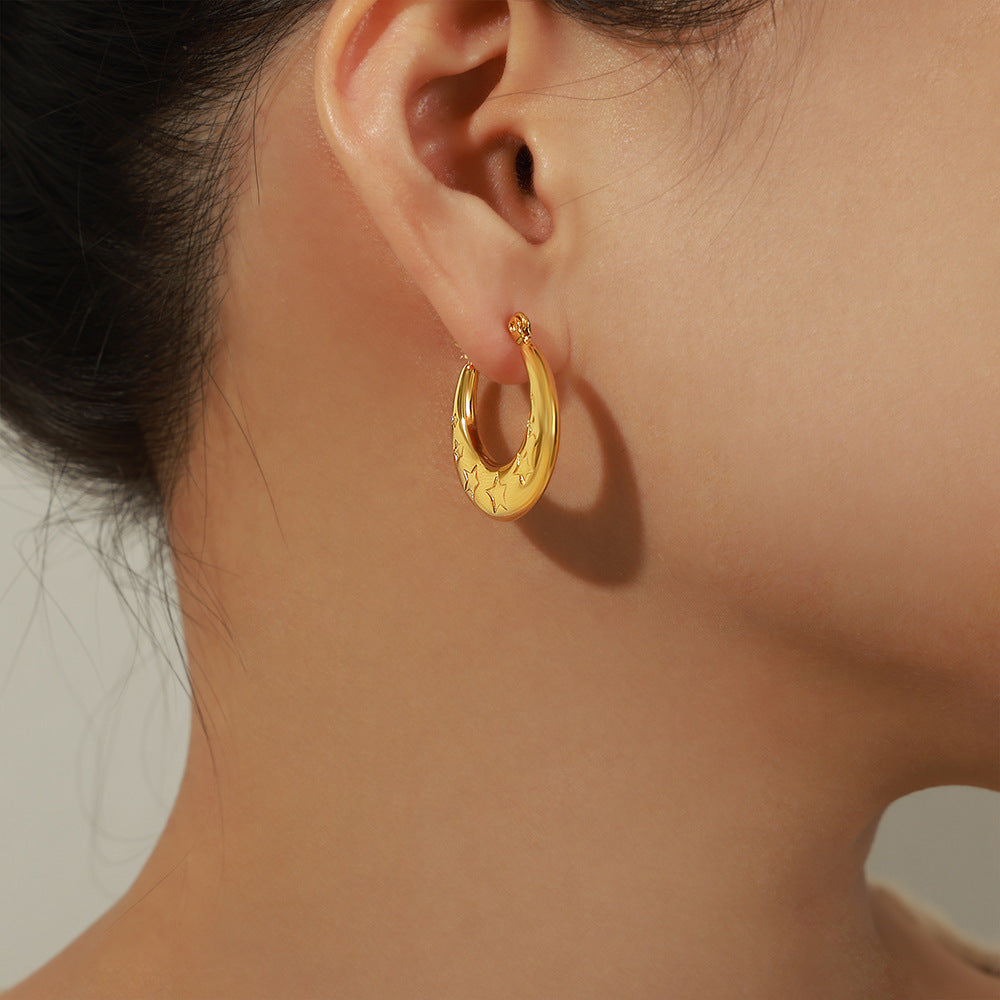Stainless Steel Geometric Star Texture Hoop Earrings