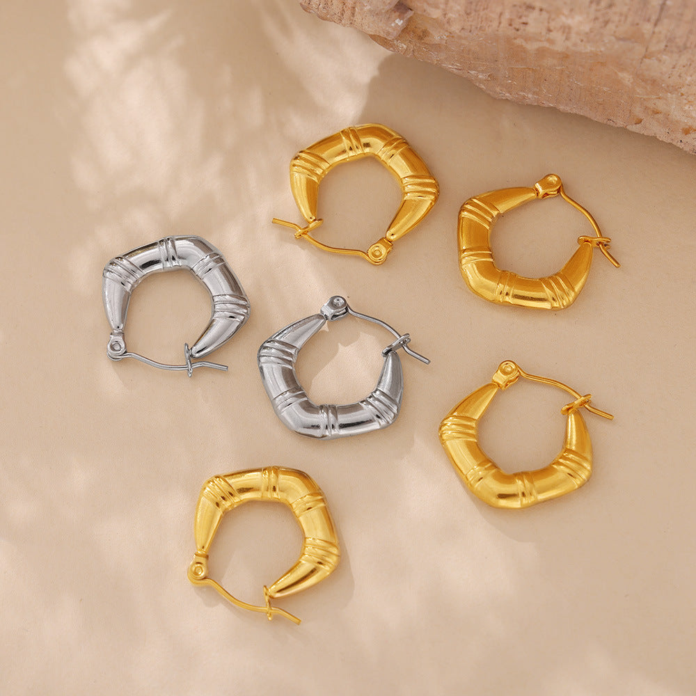 Stainless Steel Bamboo Textured Hoop Earrings