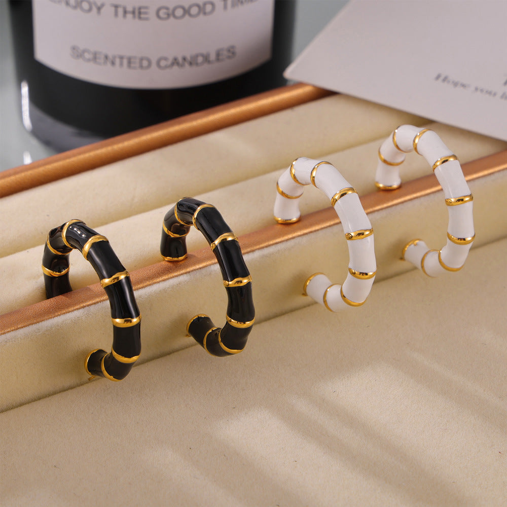 Stainless Steel Drip Oil Design Bamboo Splicing Hoop Earrings