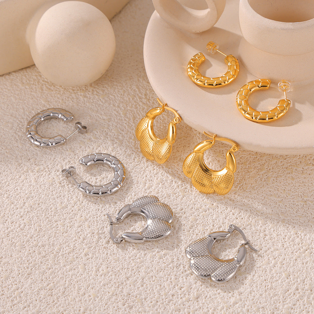Stainless Steel Simple Hollow Geometric Texture Hoop Earrings
