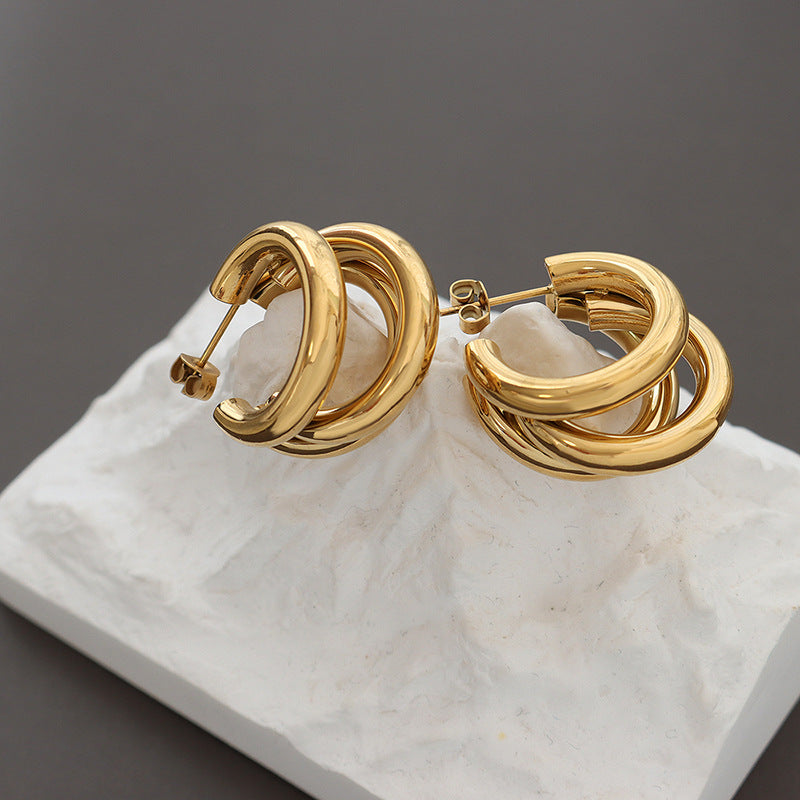 Stainless Steel Three-layer Hollow Round Tube Hoop Earrings