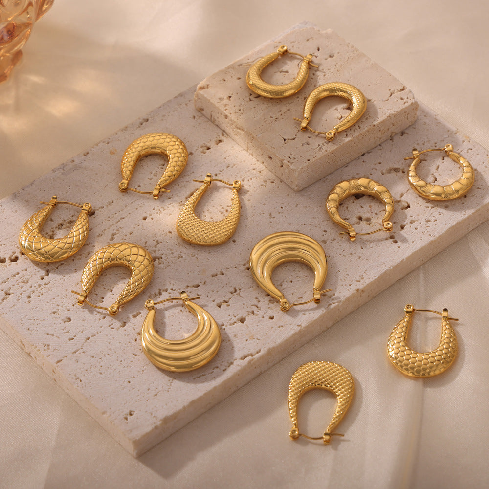 Stainless Steel Geometric Texture 18K Gold PVD Hoop Earrings