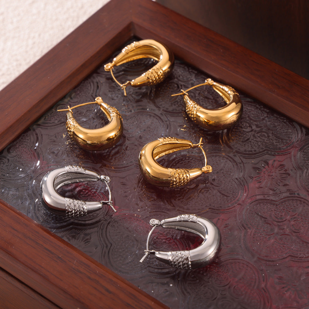 Stainless Steel Chain Stitching Textured Hoop Earrings