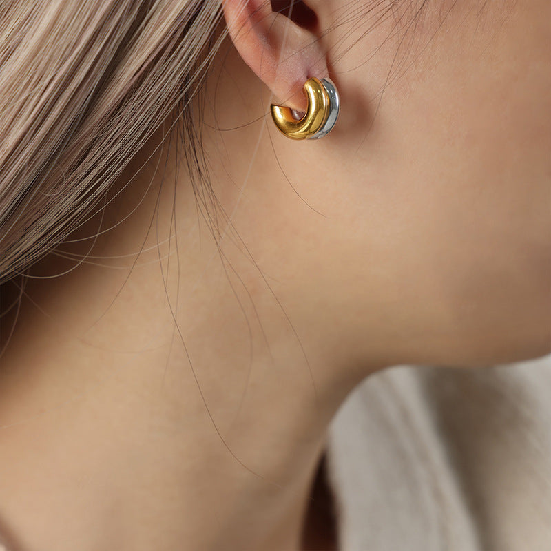 Stainless Steel Double Layer Two Tone Hoop Earrings