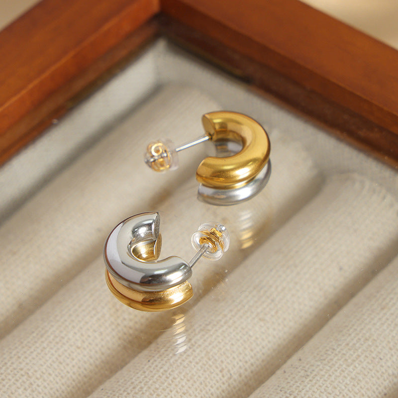 Stainless Steel Double Layer Two Tone Hoop Earrings