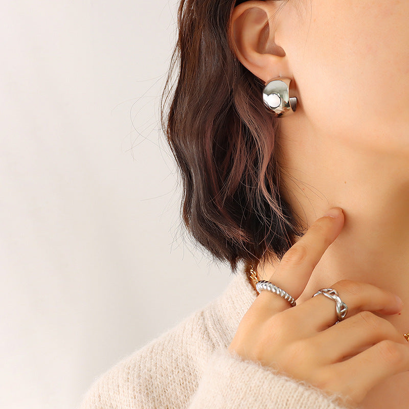 Stainless Steel Spherical Polished Hoop Earrings