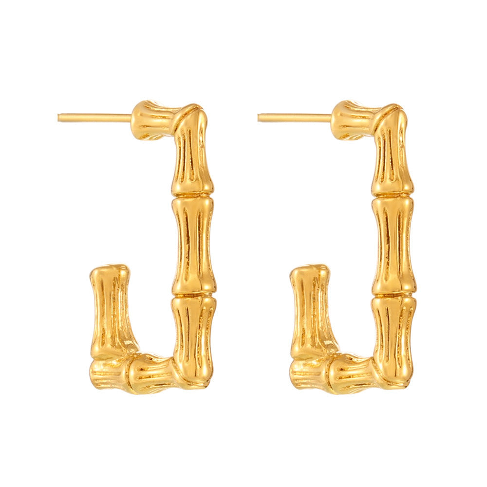 Stainless Steel Rectangular Bamboo Hoop Earrings