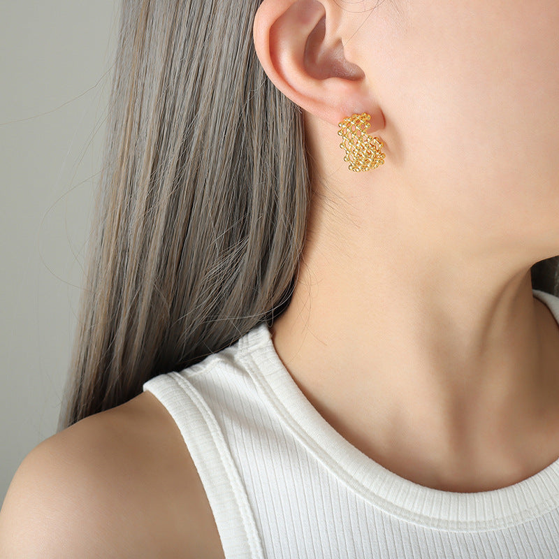 Stainless Steel Beads Grid Hoop Earrings