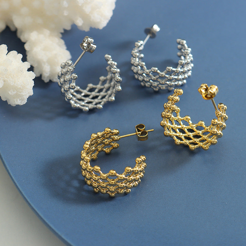 Stainless Steel Beads Grid Hoop Earrings