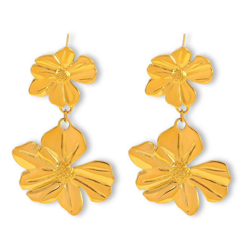 Stainless Steel Double Layer Textured Flower Drop Earrings