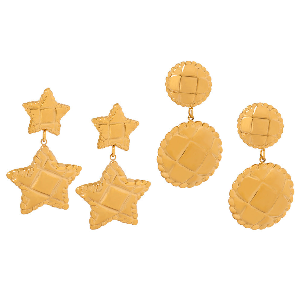 Stainless Steel Textured Star Round Drop Earrings