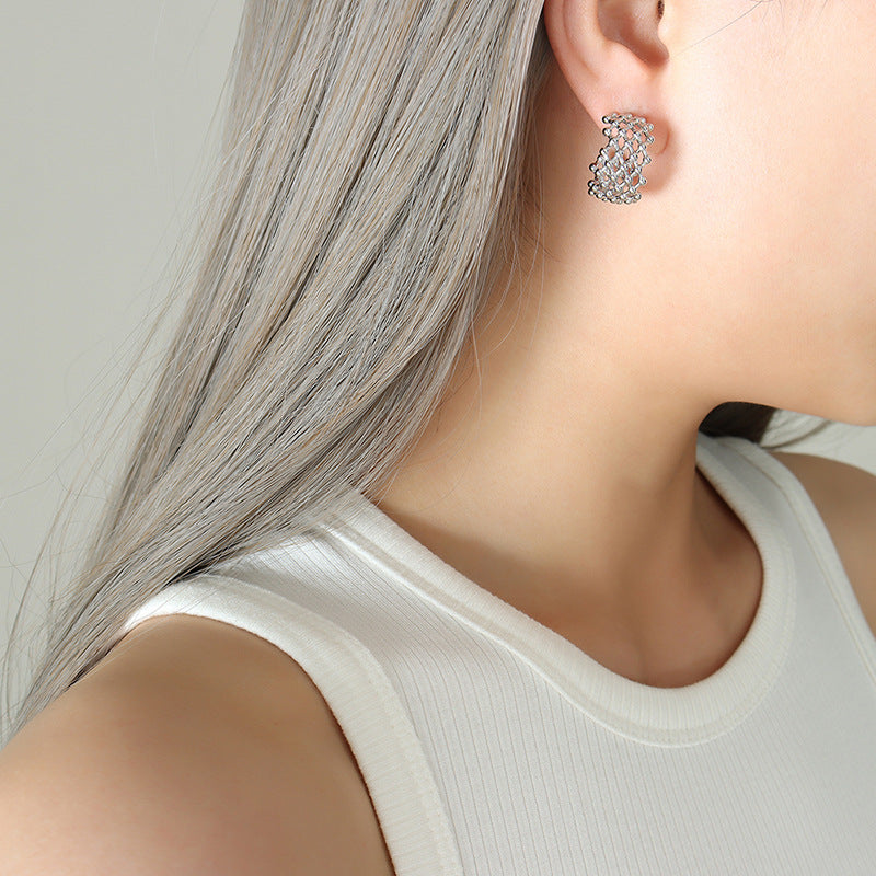Stainless Steel Beads Grid Hoop Earrings