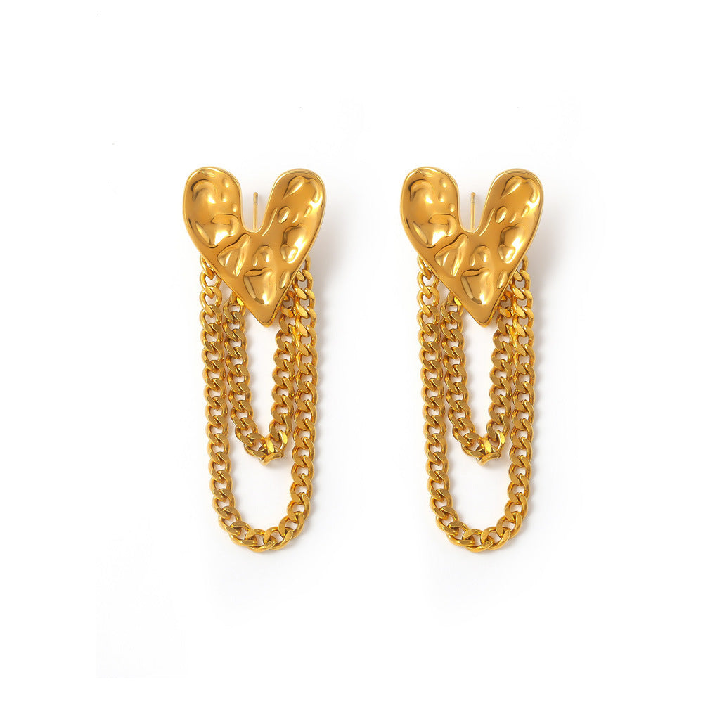 Stainless Steel Textured Heart Chain Tassel Drop Earrings