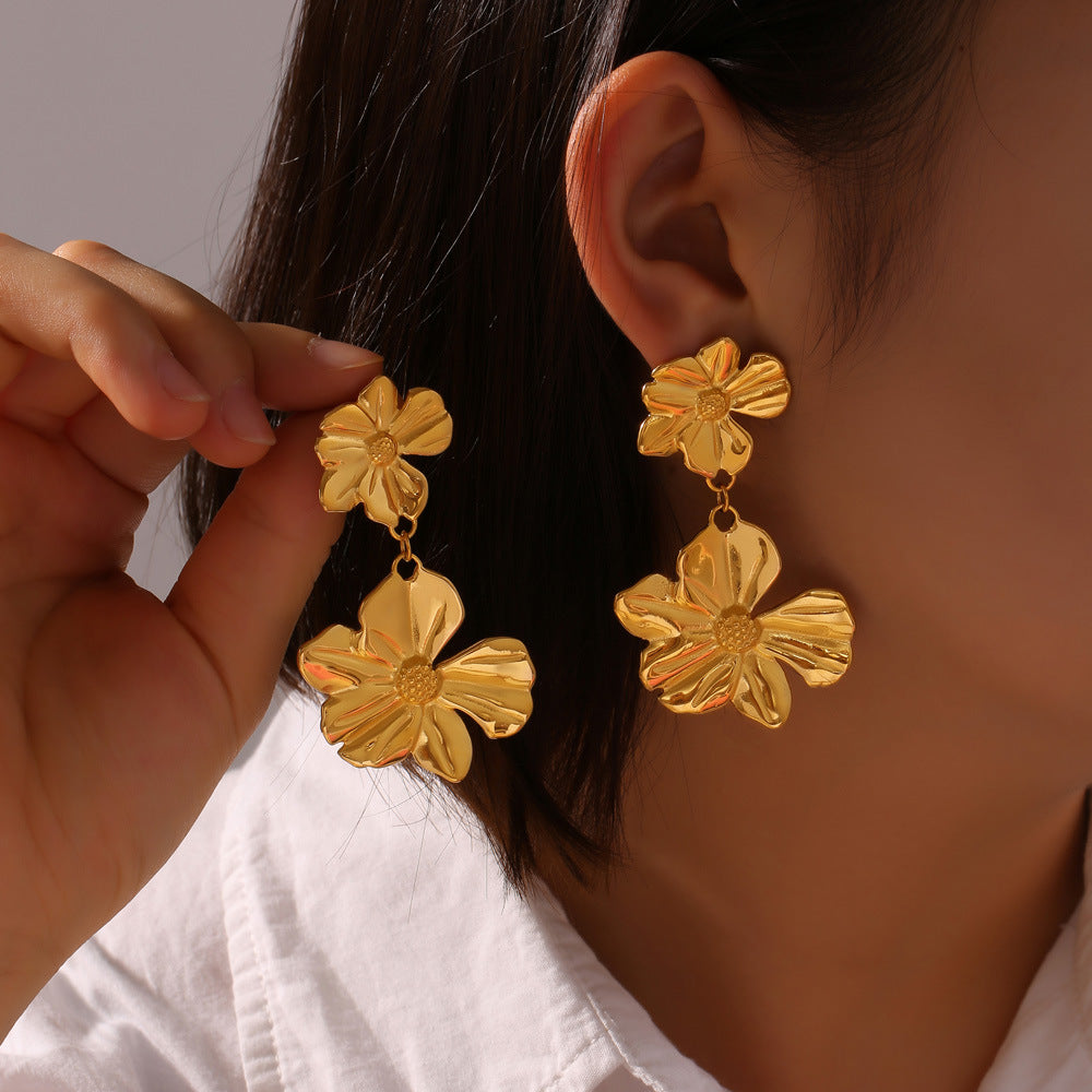 Stainless Steel Double Layer Textured Flower Drop Earrings