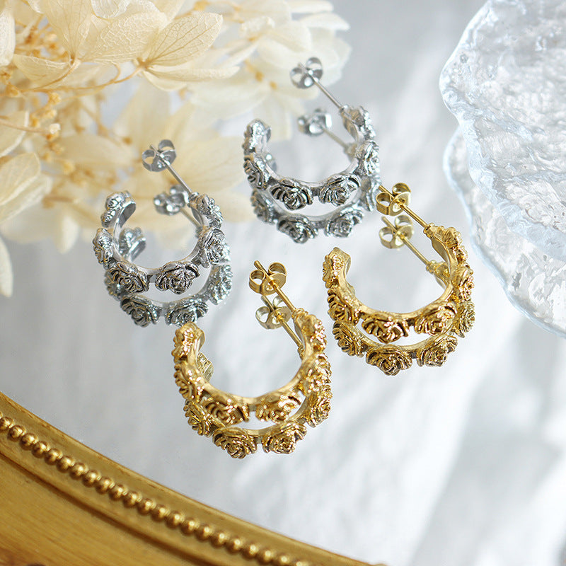 Stainless Steel Rose Hoop Earrings