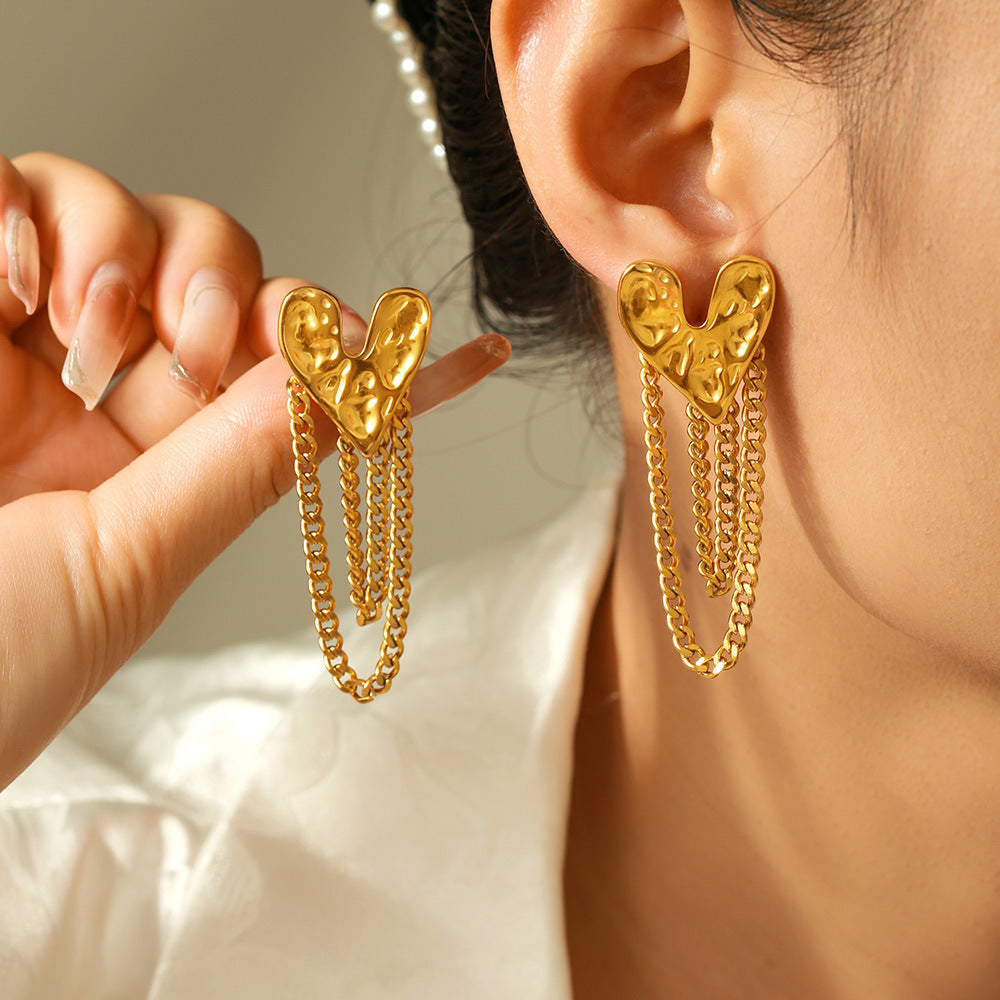 Stainless Steel Textured Heart Chain Tassel Drop Earrings