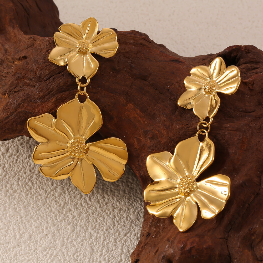 Stainless Steel Double Layer Textured Flower Drop Earrings