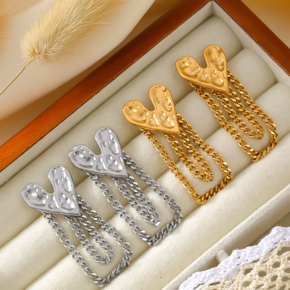Stainless Steel Textured Heart Chain Tassel Drop Earrings