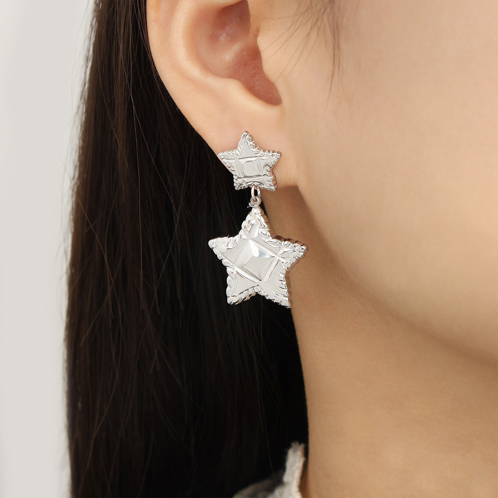 Stainless Steel Textured Star Round Drop Earrings