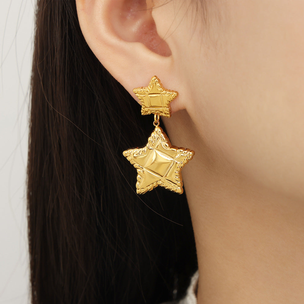 Stainless Steel Textured Star Round Drop Earrings