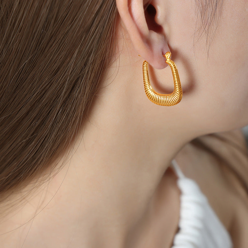 Stainless Steel Vertical Line Textured Hoop Earrings