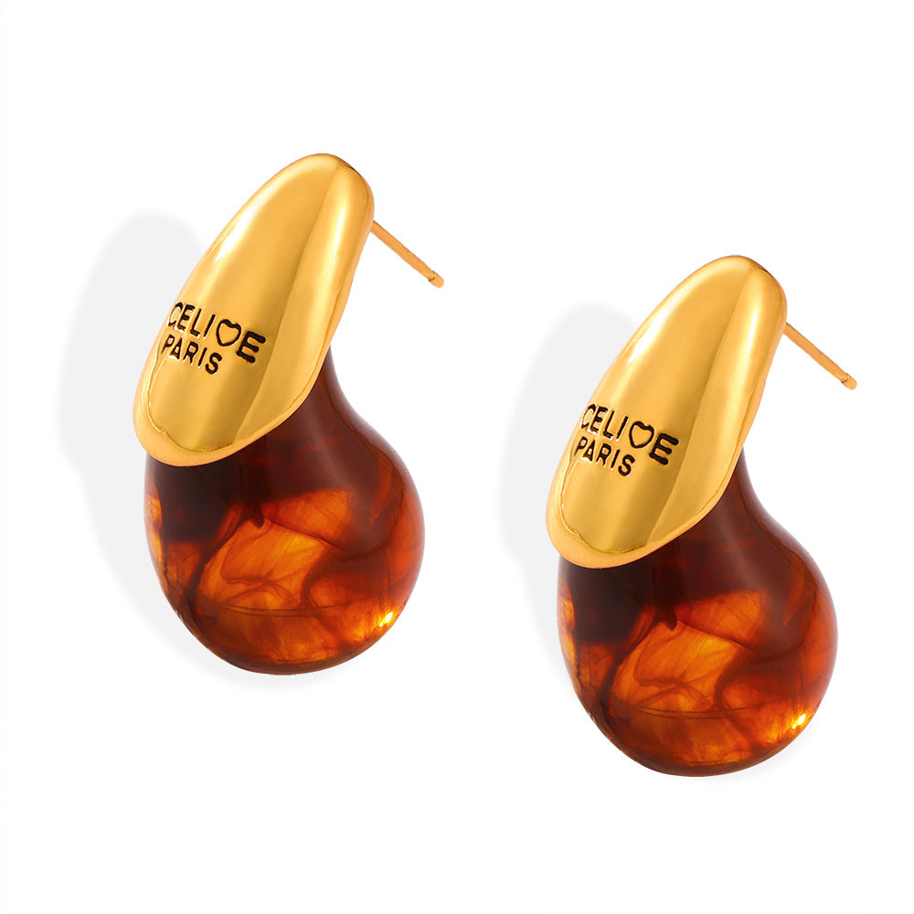 Water Drop Shape Resin Stainless Steel Letter Hoop Earrings