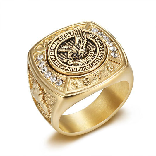 18K Gold PVD Inlay Cubic Zirconia Eagle Men's Ring