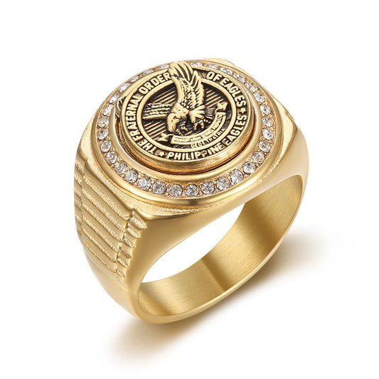 18K Gold PVD Inlay Cubic Zirconia Eagle Men's Signet Ring