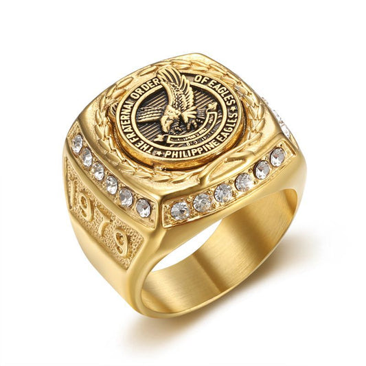 Stainless Steel 18K Gold PVD Inlay CZ Eagle Men's Ring