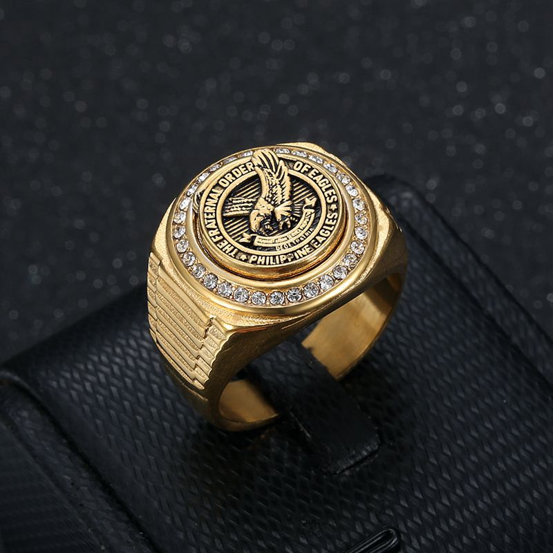 18K Gold PVD Inlay Cubic Zirconia Eagle Men's Signet Ring