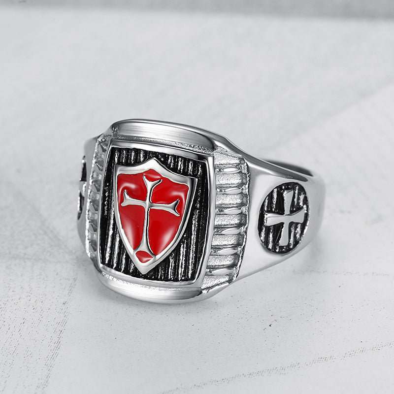Stainless Steel Shield Cross Men's Ring