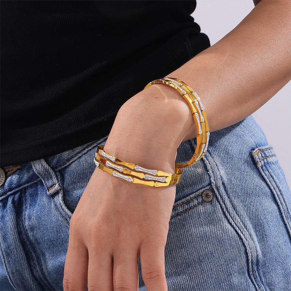 Bamboo Inlay Rhinestone Stitching Design Bracelet