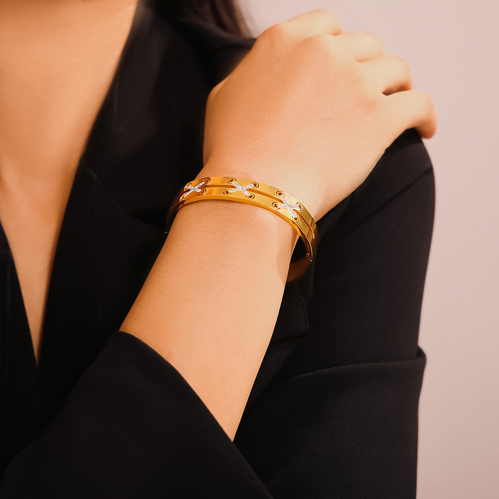 Cross Strap Stainless Steel Bangle Bracelet