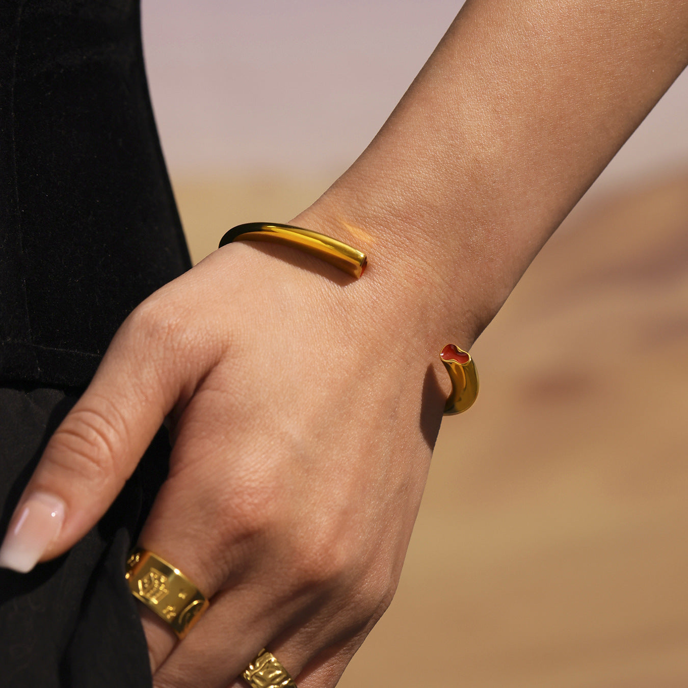 Stainless Steel Polished Gourd Red Oil Drop Cuff Bracelet