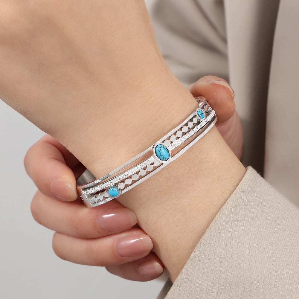 Retro Palace Style Inlay Turquoise Stainless Steel Bracelet