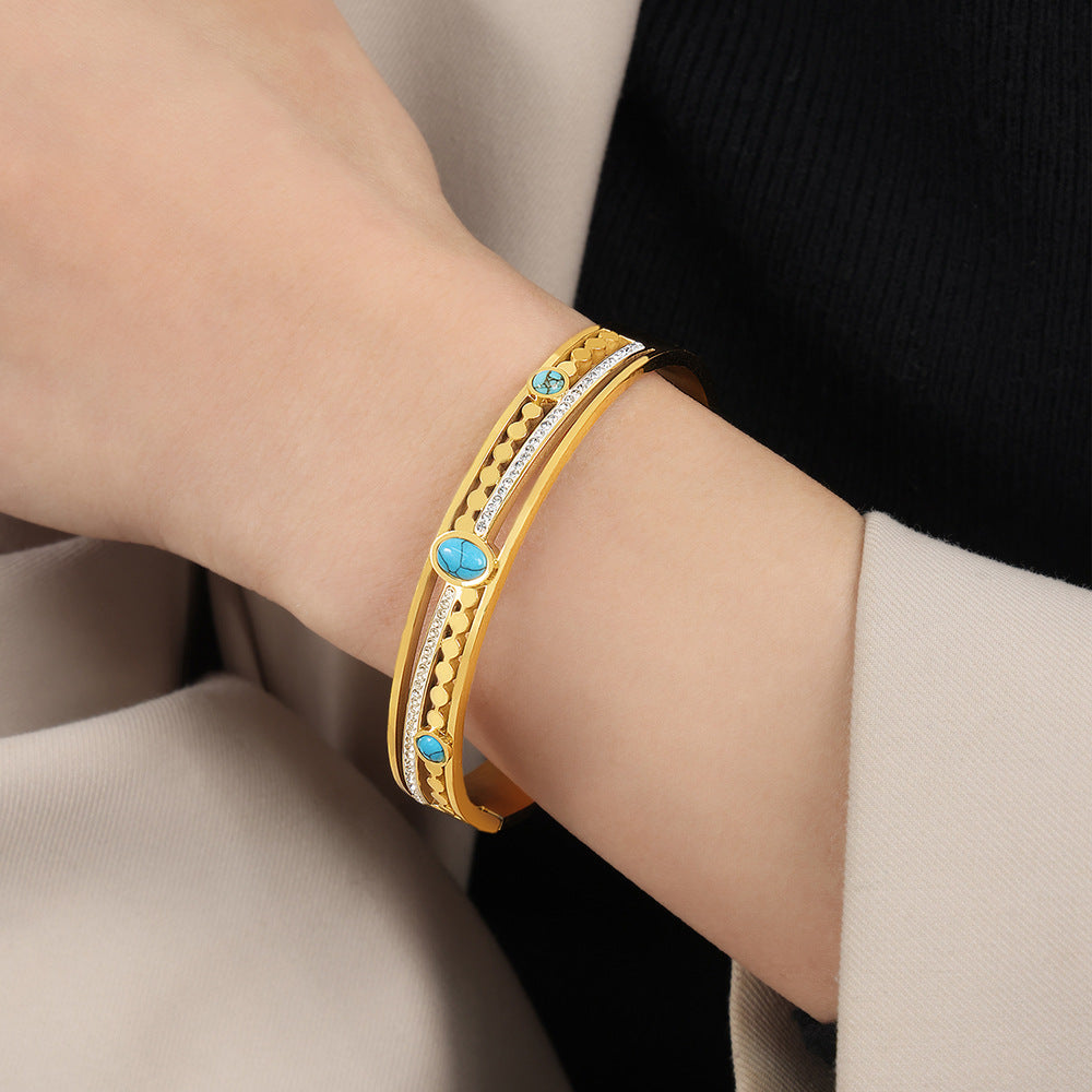 Retro Palace Style Inlay Turquoise Stainless Steel Bracelet