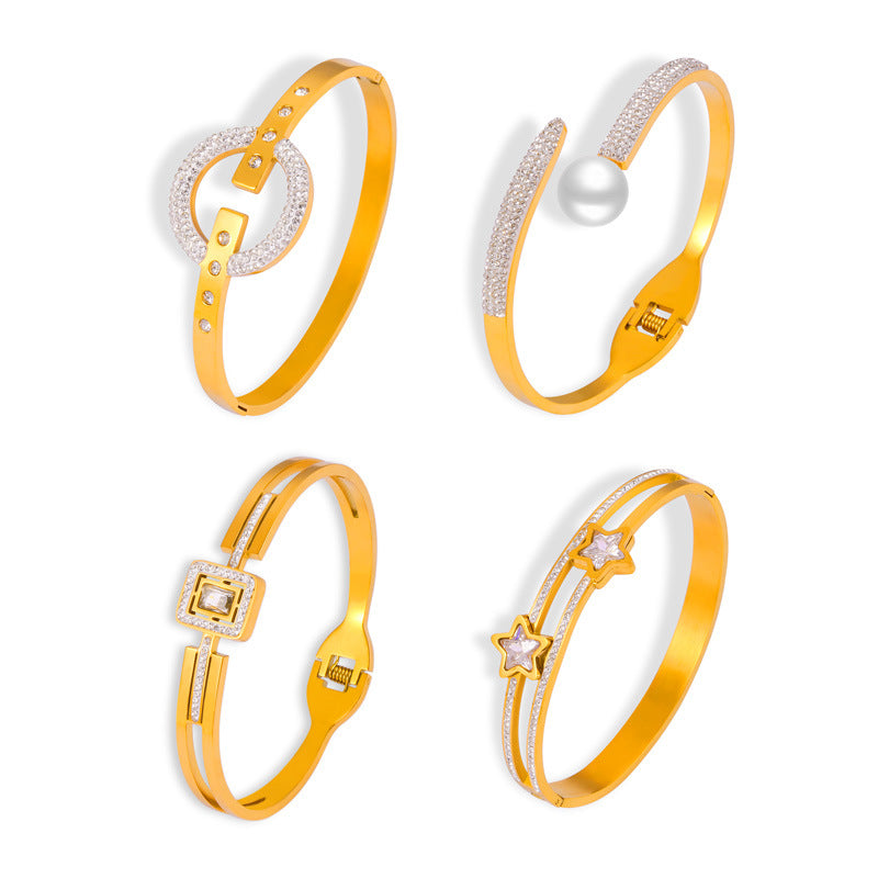 Star Ring Imitation Pearl Square Stainless Steel Bracelet